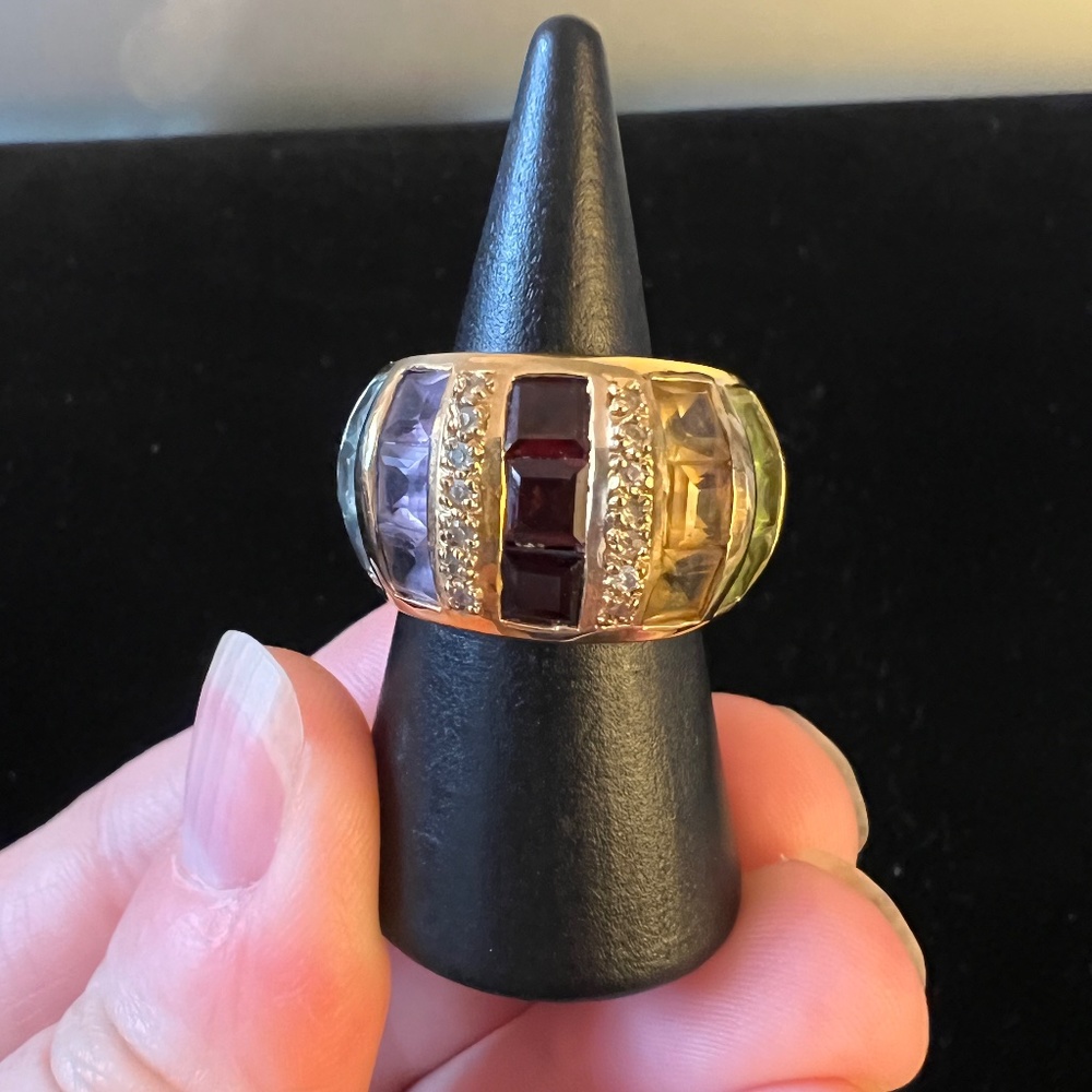 Vintage 925 Sterling Gold Tone Multicolored Cubic Zirconia Stone Ring